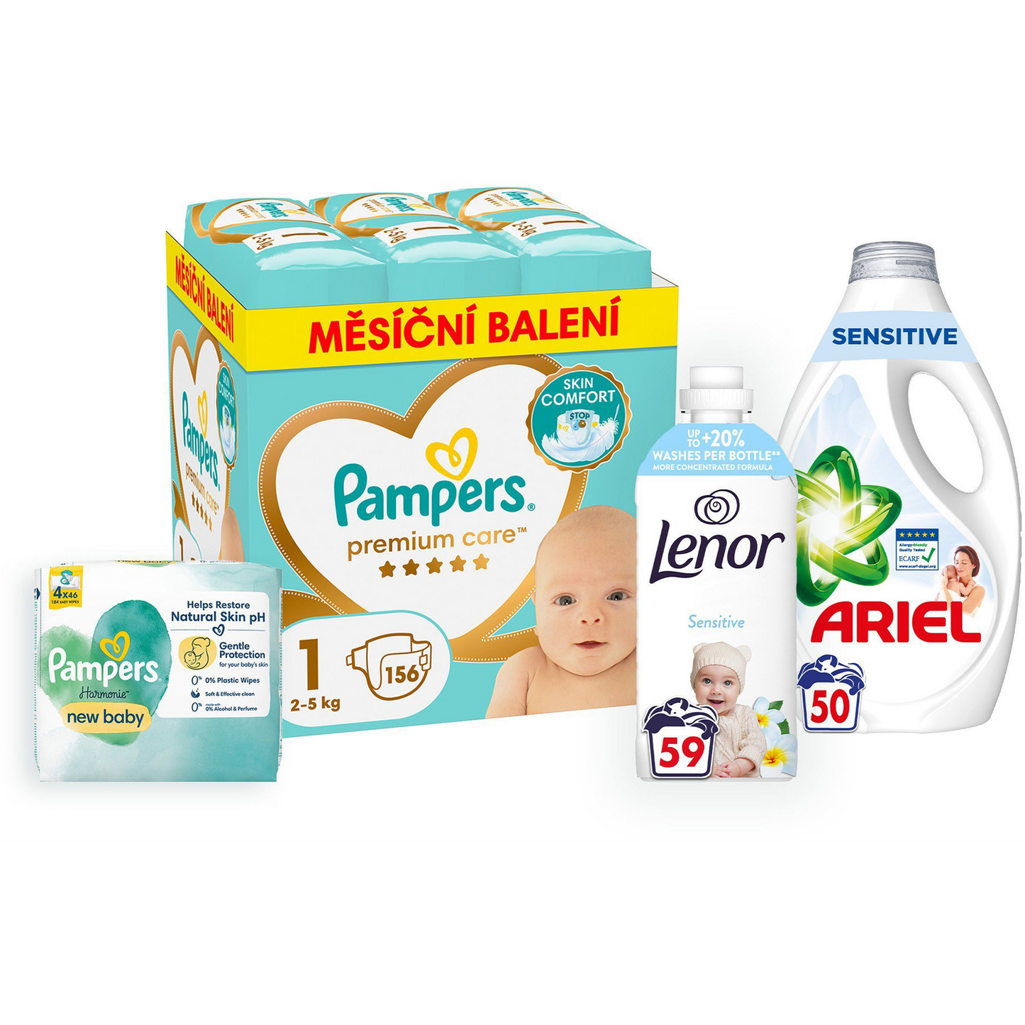 PAMPERS csomag I. (1. méretű pelenka - 156 darab, nedves törlőkendők, mosógél és öblítő) (BABY21123mix4)