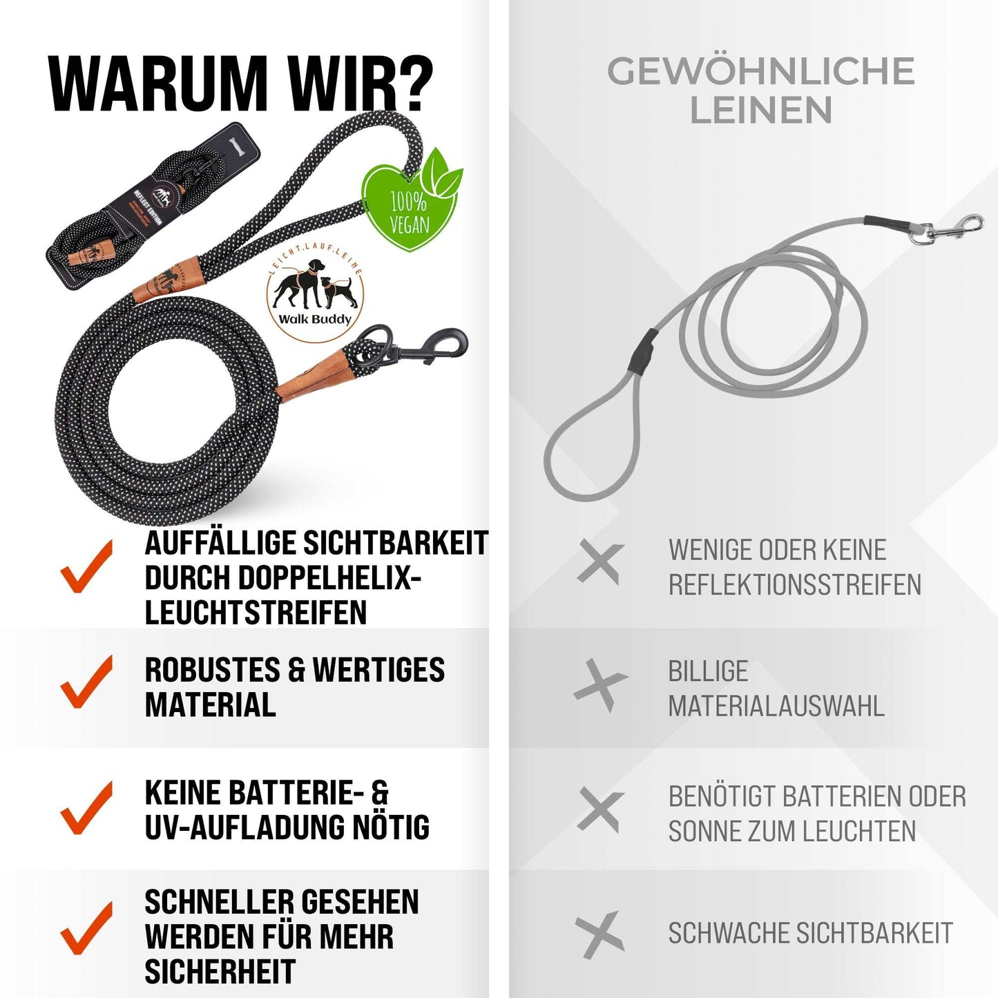 Reflektionsleine© mit Handschlaufe und veganem Leder