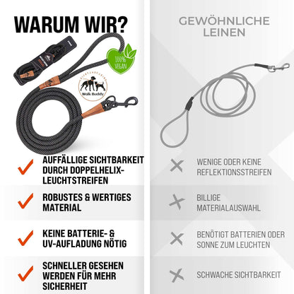 Reflektionsleine© mit Handschlaufe und veganem Leder