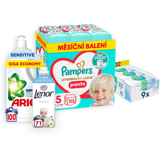 PAMPERS V. csomag (5-es méretű pelenka - 102 darab, nedves törlőkendő, mosógél és öblítő) (BABY23642mix4)